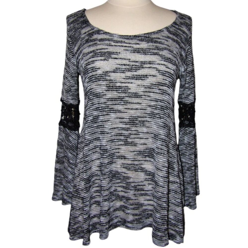 Black & White Tunic - Bell Sleeves with Crochet Inserts & Irregular Hemline